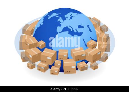 Isometrisches Globales Logistiknetzwerk. Luftfracht LKW-Schienenverkehr Seeschifffahrt pünktlich Lieferfahrzeuge entwickelt, um große Zahlen zu tragen Stock Vektor