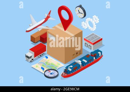 Isometrisches Globales Logistiknetzwerk. Luftfracht LKW-Schienenverkehr Seeschifffahrt pünktlich Lieferfahrzeuge entwickelt, um große Zahlen zu tragen Stock Vektor
