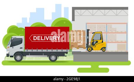 Isometrisches Logistik- und Lieferkonzept. Lieferung nach Hause und ins Büro. Logistik, Lager, Fracht, Frachttransport. Lagerung von Waren. Stock Vektor