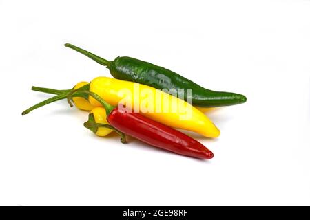 Chiili-Paprika in verschiedenen Farben, gelb, grün und rot, isoliert auf weiß; auch bekannt als Chilischoten, chilli-Paprika oder einfach nur Chili Stockfoto