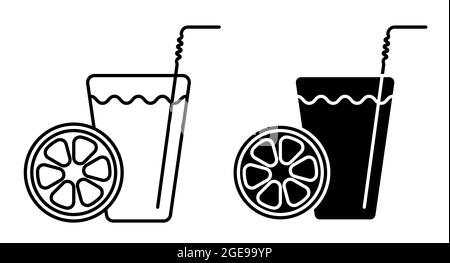 Lineares Symbol. Ein Glas erfrischenden Zitrussaftes mit Stroh und Orangenscheibe. Erfrischende Getränke in der Sommerhitze. Einfacher Schwarz-Weiß-Vektor isoliert auf Stock Vektor