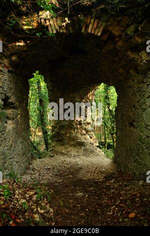 Alte historische Ruinen der Burg Scharfeneck mit Steinfenster und Sonnenlicht. In einer historischen Ruine. Eine verlassene verwunschene Burg tief im Wald. Stockfoto