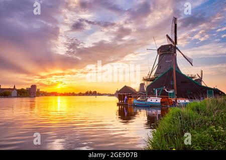 Windmühlen in Zaanse Schans in Holland auf den Sonnenuntergang. Zaandam, Niederlande Stockfoto