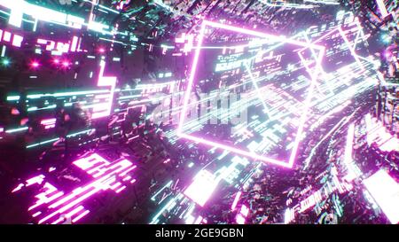 Cyberpunk Concept Light Tunnel 3D-Rendering Stockfoto