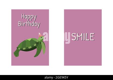 Geburtstagskarten mit Schildkröte, Happy Birthday Zeichen und witzigem Zitat Smile. Lustige Cartoon-Illustration. Niedliche Meerestiere Charakter Stock Vektor
