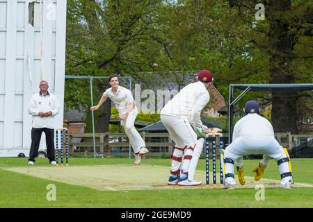 Ein Cricket-Spiel der Liga auf einem Dorffeld. Stockfoto