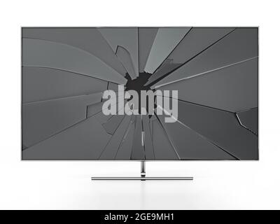 LCD-Fernseher mit zersplittertem Bildschirm, isoliert auf weißem Hintergrund. 3D-Illustration. Stockfoto