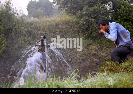 Landwirtschaftliche Ausrüstung für die Feldbewässerung, ein indischer Landwirt Trinkwasser aus Wasserstrahl überfließt auf seiner Farm, Regennebel, selektiver Fokus Stockfoto