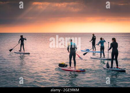 Eine Gruppe von Urlaubern paddeln auf Stand Up Paddleboards, während die Sonne über der Fistral Bay in Newquay in Cornwall untergeht. Stockfoto