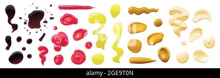 Pfützen und Spritzer mit großer Sauce. Soja, Olivenöl, Senf, Ketchup- und Mayonnaise-Saucen. Gewürzelemente für die Lebensmittelgestaltung. Stock Vektor