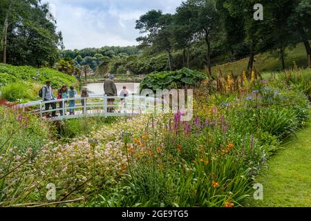 Besucher stehen auf der dekorativen Fußgängerbrücke über den Mallard Pond in den üppigen subtropischen Küstengärten von Trebah Gardens in Cornwall. Stockfoto