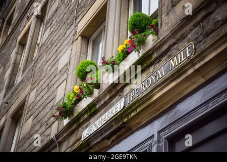 Fensterkästen an der Royal Mile von Edinburgh. Stockfoto