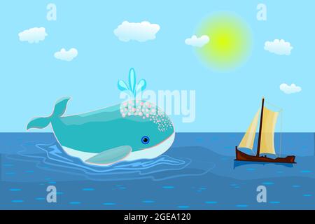 Blauwal und Segelboot im Meer. Seascape mit Boot und Wal. Fisch und Schiff im blauen Meer. Treffen auf See von Walen und Schiff. Vektorgrafik Stock Vektor