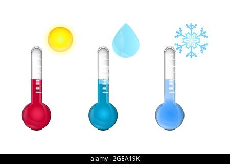 Thermometer zur Messung von Wärme und Kälte mit Sonne, Tropfen und Schneeflocke.Zeichen für niedrige und hohe Temperaturen. Satz Thermometer mit roter und blauer Anzeige.Vektor Stock Vektor