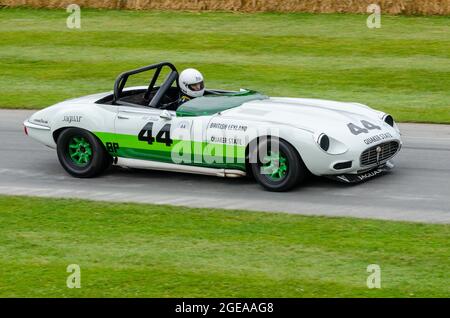 1974 Jaguar E-Type Group 44 Rennwagen beim Goodwood Festival of Speed Rennsport 2014. SCCA-Seriensportwagen, die bergauf Rennen Stockfoto