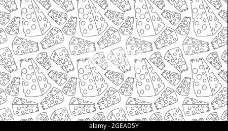 Nahtloses Schwarz-Weiß-Muster mit linearen Symbolen von Käse. Stilvoller minimalistischer Hintergrund für Lebensmittelgeschäft, Diner, Restaurant, Markt, Werbung Stock Vektor