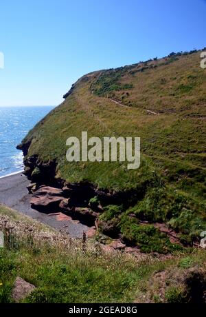 Die Red Sandstone Cliffs in Fleswick Bay auf dem Clifftop Coastal Path in der Nähe von St. Bees, Lake District National Park, Cumbria, England, Großbritannien. Stockfoto