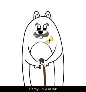 Die alte Großvaterkatze mit einem großen grauen Schnurrbart steht auf einem Holzstock gelehnt. Lustiges Comic-Portrait einer Rentner-Karikatur-Katze. Coole Illustration Stock Vektor