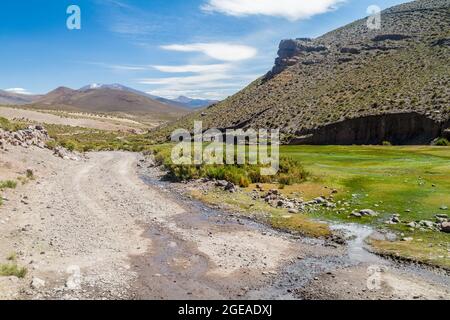 Staubstraße auf dem bolivianischen Altiplano Stockfoto