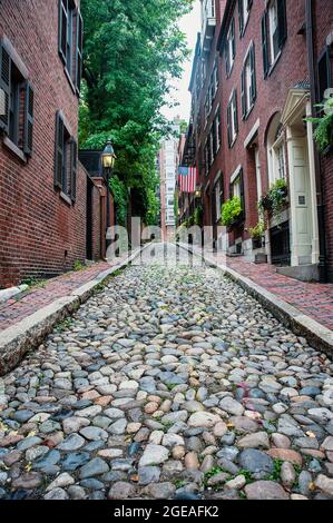 Boston typische Häuser in Beacon Hill Gegend, historisches Stadtzentrum Szene im Herbst. Acorn Steet. Stockfoto