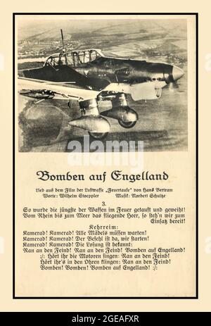 STUKA BOMBER WW2 Nazi anti britisch England Propaganda Call to Arms Liedtexte mit einem Nazi Deutschland Luftwaffe Stuka Dive Bomber Flugzeug. Lied mit dem Titel ‘ Bomben auf Engelland’ Zweiter Weltkrieg Stockfoto