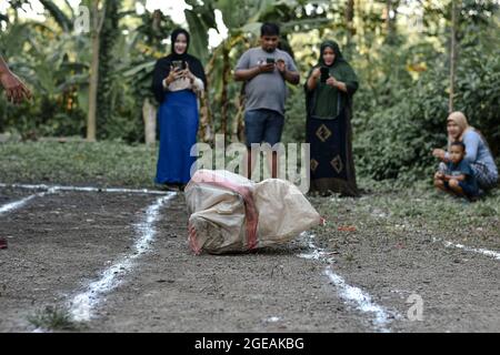 Soppeng, Indonesien. August 2021. Die Kinder nahmen an verschiedenen Wettbewerben Teil, darunter Sackrennen, Gummisenkungen auf den Gesichtern und Gummisammelwettbewerbe zum Gedenken an den 76. Jahrestag der Unabhängigkeit Indonesiens. (Foto von Moch Farabi Wardana/Pacific Press) Quelle: Pacific Press Media Production Corp./Alamy Live News Stockfoto