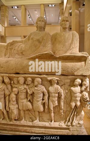 Ausschnitt aus Marmor-Sarkophag aus Tyrus (Sour), der die Legende von Achilles (2. Jahrhundert n. Chr.) im Nationalmuseum, Beirut, Libanon, darstellt Stockfoto