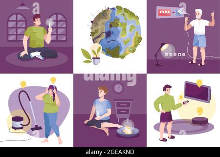 Flat electricity icon set with saving electricity turning off lights, saving the planet and the ecology of the earth vector illustration Stock Vektor