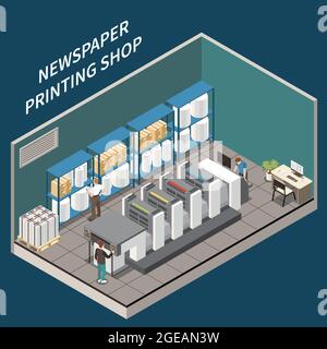 Isometrische Zeitungsdruckerei Interieur mit Ausrüstung bedruckte Produkte Papier und drei menschliche Zeichen 3d-Vektor-Illustration Stock Vektor