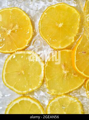 Zitronenscheiben in Wasser auf weißem Hintergrund. Nahaufnahme der Zitrone in Flüssigkeit mit Blasen. Scheiben von gelber, reifer Zitrone in Wasser. Makrobild von Früchten in Stockfoto