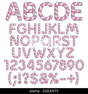 Alphabet, Buchstaben, Zahlen und Zeichen von rosa und weißen Süßigkeiten. Isolierte Vektorobjekte auf Weiß. Stock Vektor