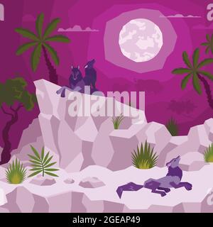Landschaft flache Komposition mit Blick auf tropische Nacht mit Mond und Palmen mit Wölfen auf Klippen Vektor-Illustration Stock Vektor
