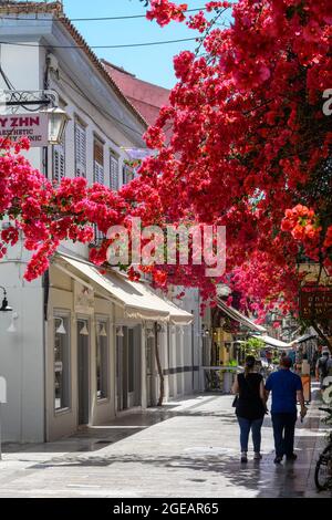 Blühende Bougainvillea schaffen eine farbenfrohe Szene in der Altstadt von Nafplio, Griechenlands erster Hauptstadt nach der Unabhängigkeit, argolid, Peloponnes, Griechenland Stockfoto