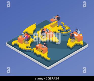 Isometrische Karte mit Figuren von Remote-Mitarbeitern aus verschiedenen Teilen der Welt auf blauem Hintergrund 3d-Vektorgrafik Stock Vektor
