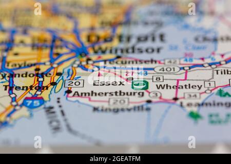 Essex Ontario Kanada auf einer Straßenkarte oder Geografie-Karte angezeigt Stockfoto