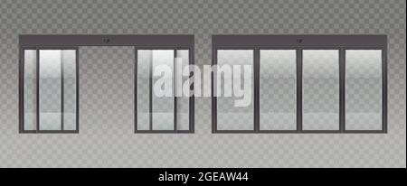 Glastür Eingang realistische Set mit transparentem Hintergrund und Bilder von Glastüren mit geöffneten Abschnitten Vektor-Illustration Stock Vektor