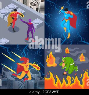 Superhelden Superschurken Comic-Bücher Charaktere Blitz Feuer Kraft Kampf Szenen 4 bunte Hintergrund isometrische Kompositionen Vektor Illustration Stock Vektor