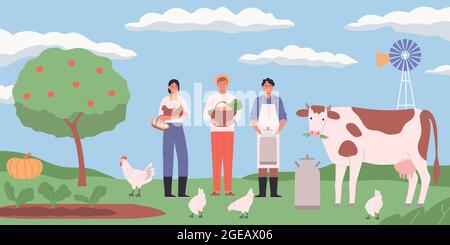 Farm Landschaft flachen Hintergrund mit Hühnern Kuh und glückliche Landwirte halten Eier Korb mit Ernte Dose Milch Vektor-Illustration Stock Vektor