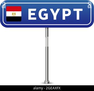 straßenschild ägypten. Nationalflagge mit Ländernamen auf blauen Straßenschildern Tafel Design Vektor-Illustration. Stock Vektor