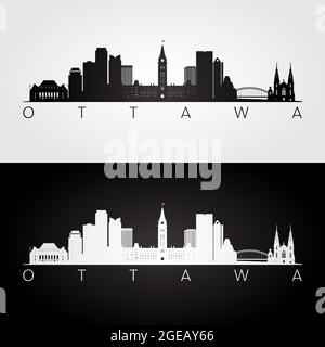 Skyline von Ottawa und Wahrzeichen Silhouette, schwarz-weißes Design, Vektor-Illustration. Stock Vektor