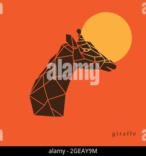 Giraffe Kopf geometrische Linien Silhouette isoliert auf orangefarbenem Hintergrund. Seitenansicht der Giraffe. Postergiraffe auf dem Hintergrund der Sonne. Stock Vektor