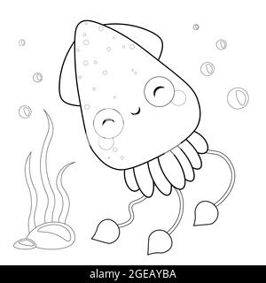 Abbildung mit einer Farbgebung. Niedliche Tintenfische Malseite Vektor Illustration isoliert auf Weiß. Sea Life Malseite. Stock Vektor