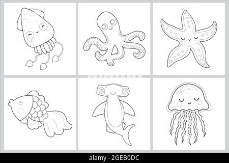Abbildung mit einer Farbgebung. Niedliches Set Malvorlagen-Vektor-Illustration isoliert auf Weiß. Sea Life Malvorlagen-Seite. Stock Vektor