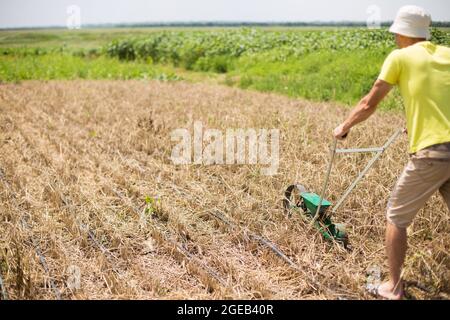 Landwirt sät mit manueller Sämaschine auf einem Feld mit Tropfbewässerungsband. Stockfoto