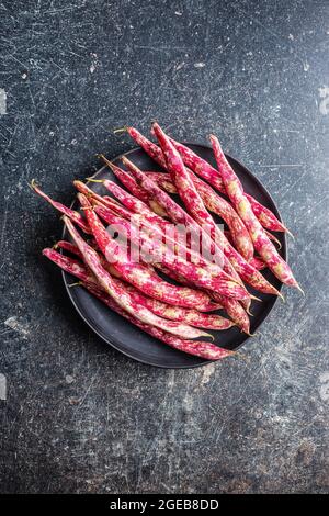 Cranberry-Bohnen. Bohnen-Pads auf dem Teller. Draufsicht. Stockfoto