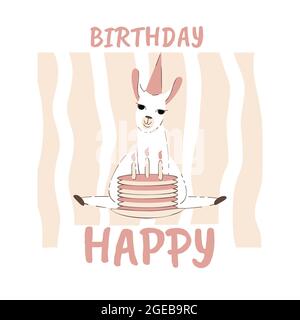 Happy Birthday weiche Farben Karte mit Lama in Geburtstagskappe und Kuchen Vektor Illustration Stock Vektor