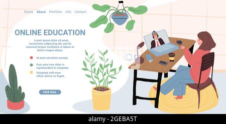 Flacher Cartoon-Charakter unter Online-Bildungskurs, Vektor Landing Page Konzept Stock Vektor