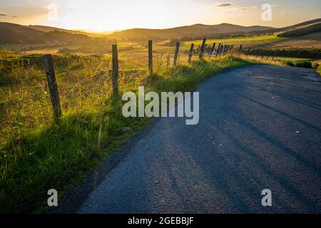 Eine Landstraße in den schönen Schottischen Grenzen bei EINEM Sommeruntergang Stockfoto