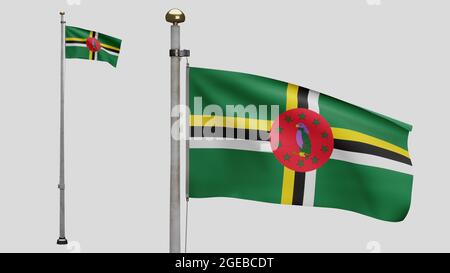 3D, Dominikanische Flagge winkt auf Wind. Nahaufnahme des Dominica-Banners, weiche und glatte Seide. Stoff Stoff Textur Fähnrich Hintergrund. Verwenden Sie es für die Natio Stockfoto