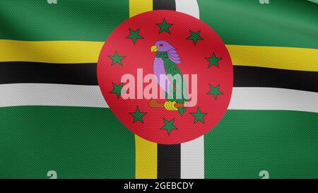 3D, Dominikanische Flagge winkt auf Wind. Nahaufnahme des Dominica-Banners, weiche und glatte Seide. Stoff Stoff Textur Fähnrich Hintergrund. Stockfoto